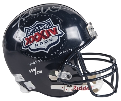 Lot of (2) 1999-2000 St. Louis Rams Team Signed Full Size Helmet With 21 Signatures & Kurt Warner Single Signed Super Bowl Helmet (Tristar & Beckett)